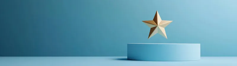 Золотая звезда-трофей, расположенная на мягком синем пьедестале на минималистичном фоне, передает суть успеха, мотивации и признания, идеально подходит для тем, связанных с наградами