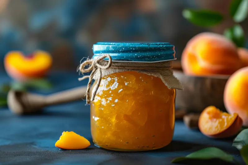 Вкусное домашнее персиковое варенье в стеклянной банке со свежими персиками на темно-синем столе, место для текста
