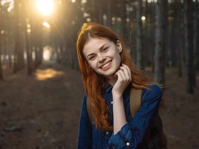 Симпатичная женщина в лесу с рюкзаком во время прогулки на природе, образ жизни