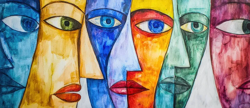 Абстрактное произведение искусства, изображающее серию красочных, стилизованных лиц с различными выражениями, представляющее разнообразие и эмоциональную глубину в ярких оттенках