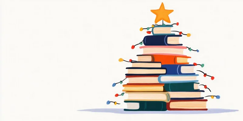 Креативное изображение рождественской елки, составленной из стопок книг, украшенной огнями и звездой, воплощающее праздничный дух и любовь к чтению в рождественский сезон