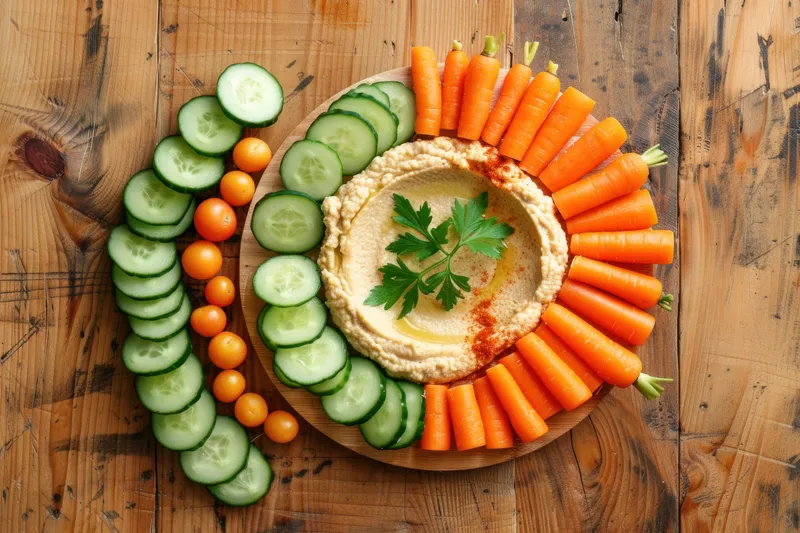 Художественная композиция с хумусом и яркими овощами, красиво разложенными, подчеркивает здоровое питание и свежесть