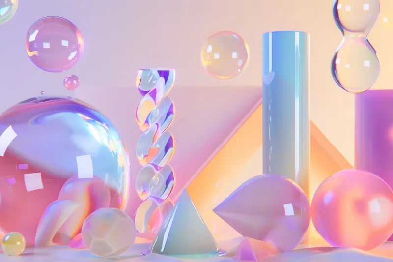 Яркий 3D-рендеринг красочных объектов на белой поверхности с синим и розовым фоном