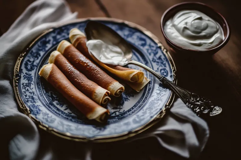 Вкусные рулетики из блинчиков на декоративной тарелке в сопровождении сметаны, идеально подходят для завтрака или десерта, отличаются теплыми тонами и домашней обстановкой