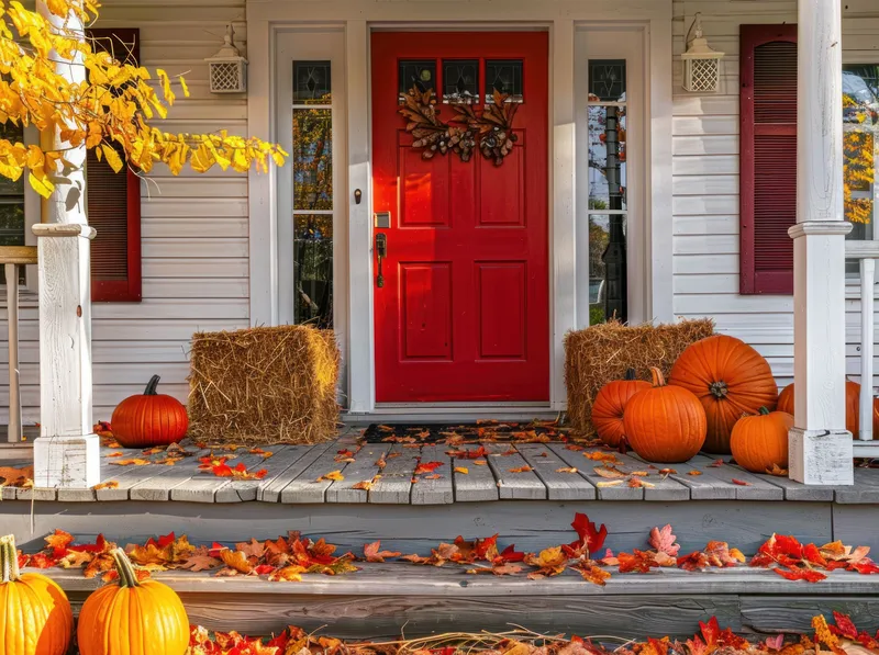 Приветливое осеннее крыльцо с ярко-красной дверью, оранжевыми тыквами, тюками сена и разноцветными опавшими листьями создает праздничное сезонное настроение