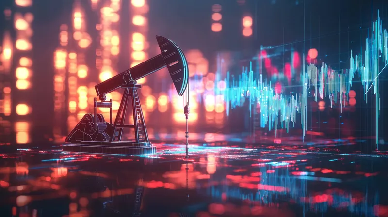 Абстрактное изображение нефтяной качалки в окружении красочных визуализаций данных, символизирующее энергетические рынки и экономические тенденции в нефтяной промышленности