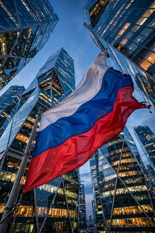 Российский флаг на фоне стеклянных небоскрёбов в сумерках