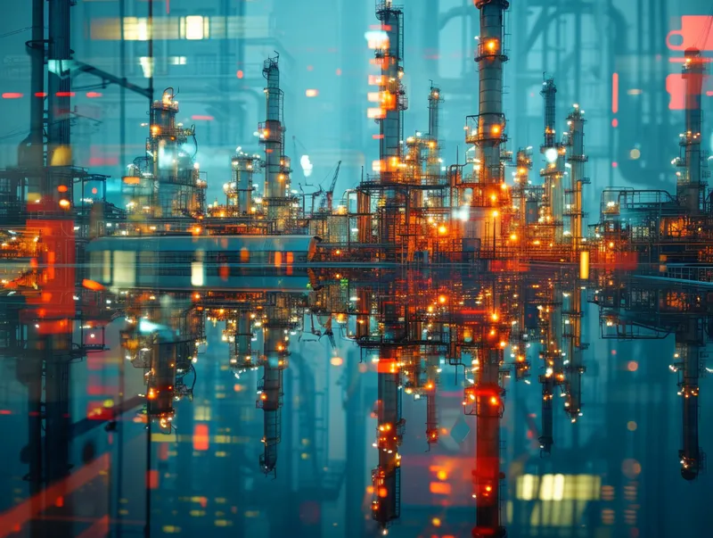 Ночной городской индустриальный пейзаж с освещенным нефтеперерабатывающим заводом и городскими зданиями на заднем плане