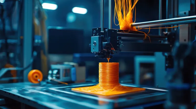 Динамичное изображение 3D-принтера, выдавливающего ярко-оранжевую нить, в современной мастерской
