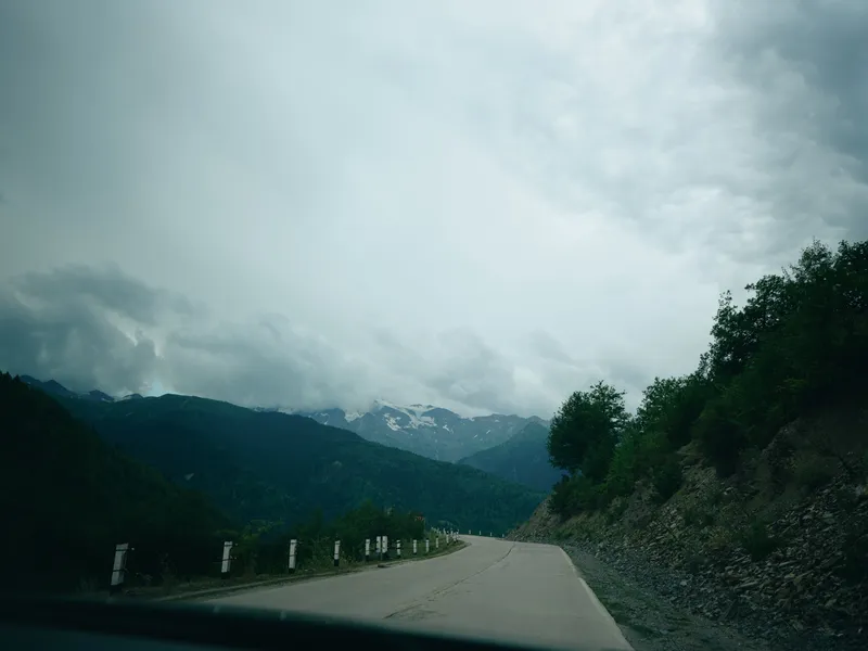 Winding road through rugged mountains under an overcast sky, dramatic landscape with forested slopes, remote travel scene, moody weather, asphalt path toward distant peaks