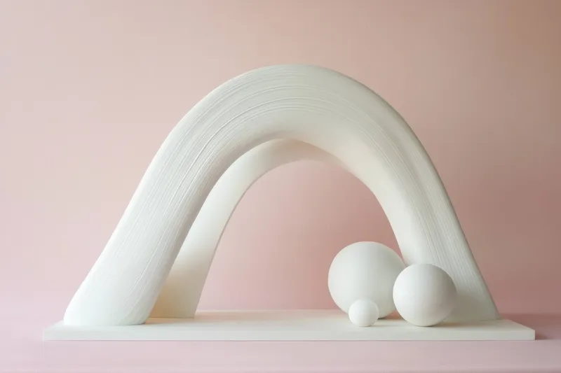 Элегантная абстрактная белая скульптура с динамичными изгибами и сферами на мягком розовом фоне