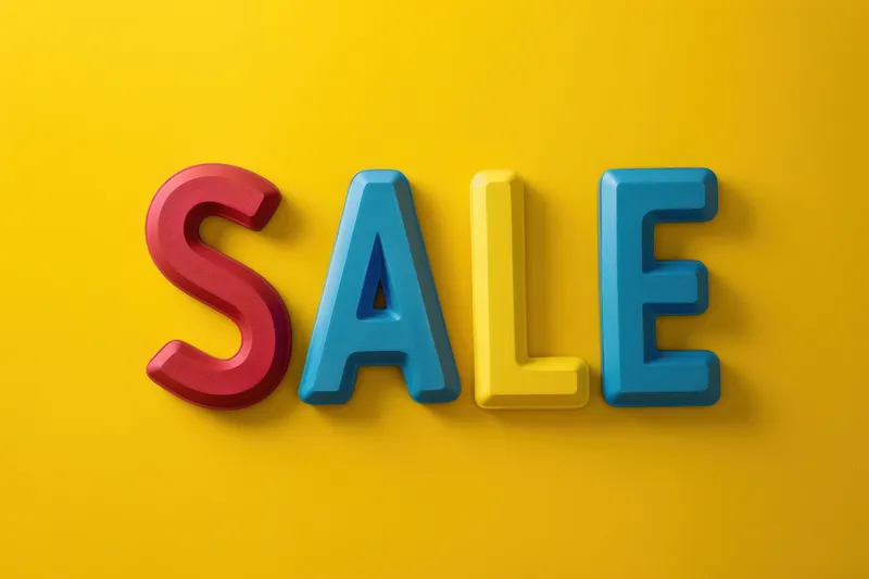 На ярко-желтом фоне разноцветные пластиковые буквы складываются в слово sale