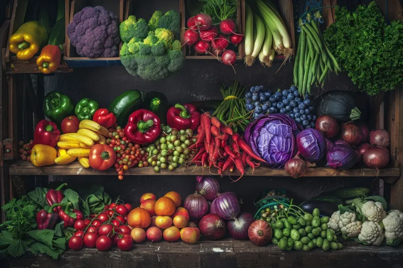 Ассорти свежих фруктов и овощей, представленных на полке в продуктовом магазине