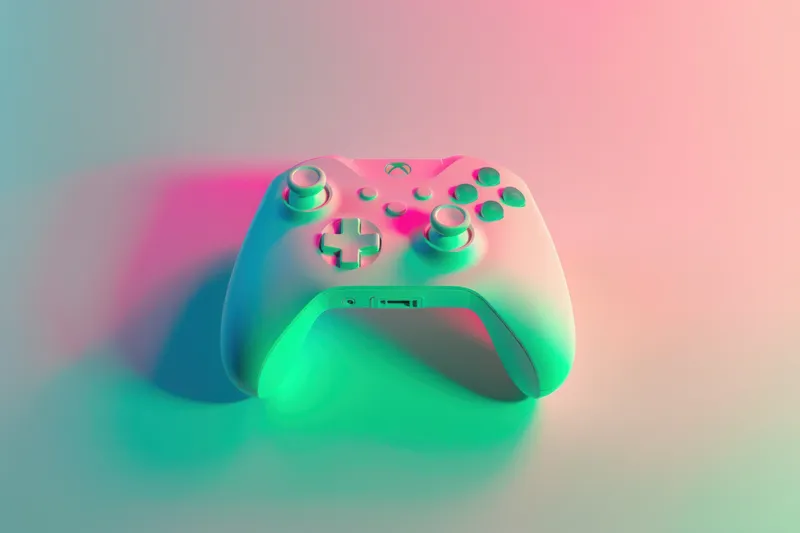 Белый игровой контроллер Xbox на розово-зеленом фоне для рекламы модных игровых аксессуаров