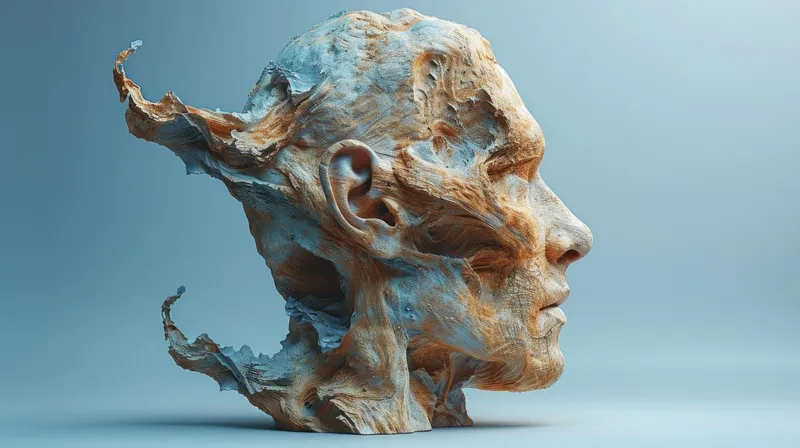 Сюрреалистический 3D-рендеринг головы мужчины на синем фоне с призрачным лицом женщины на заднем плане