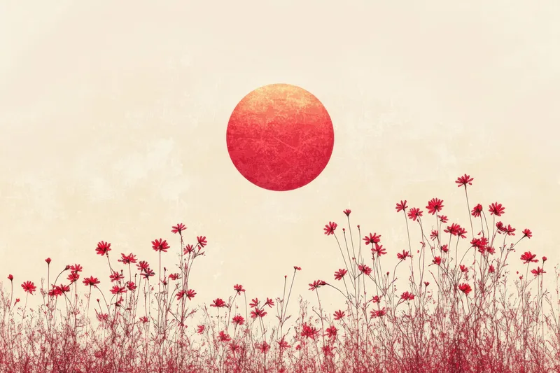 Красивая абстрактная сцена с яркими красными цветами и теплым большим солнцем, создающая умиротворяющую атмосферу, идеально подходящую для природных тем