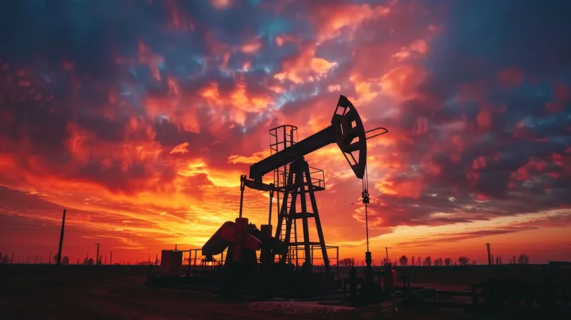 Выразительный силуэт нефтяной качалки на фоне красочного заката с облаками оранжевых, розовых и фиолетовых оттенков, символизирующий энергию и промышленность