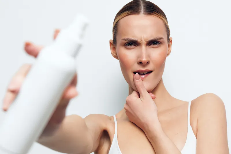 Concerned woman applying skincare spray on face, holding bottle close to camera, focused expression, clear skin, white background, beauty routine concept, natural light