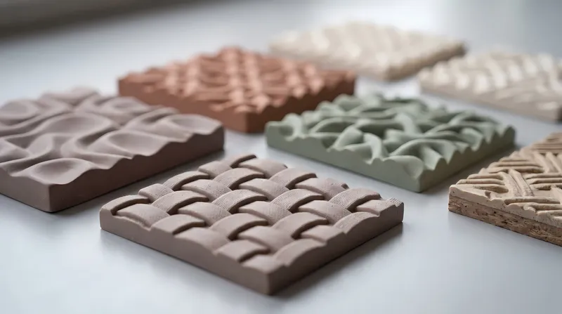Интимный крупный план в мягкой матовой 3D-графике: переплетающиеся вогнутые шестиугольные плитки теплого терракотового цвета с одной акцентной плиткой цвета шалфея, закругленными фасками и легкими…