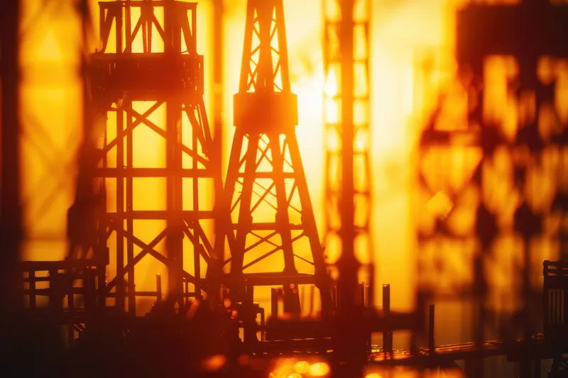 Силуэт нефтяных вышек на фоне яркого заката, подчеркивающий игру света и тени в индустриальном пейзаже