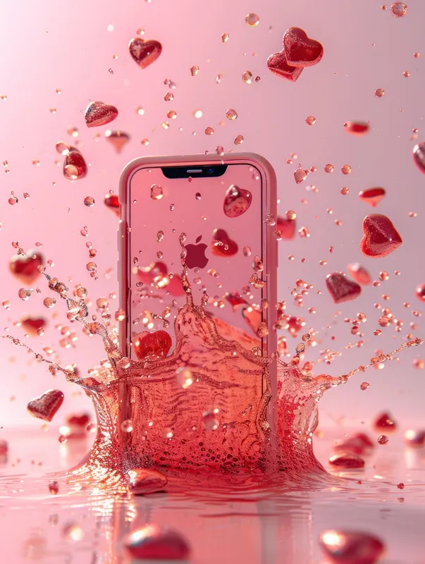 Забрызганный водой iPhone с пузырьками в форме сердечек на заднем плане