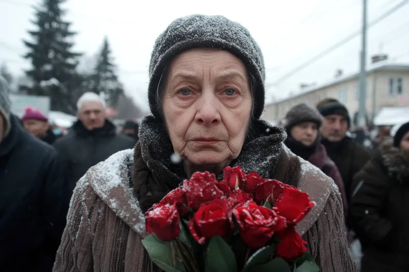 Пожилая женщина в зимней одежде стоит торжественно, держа красные розы на фоне снега, вызывая эмоции утраты и памяти