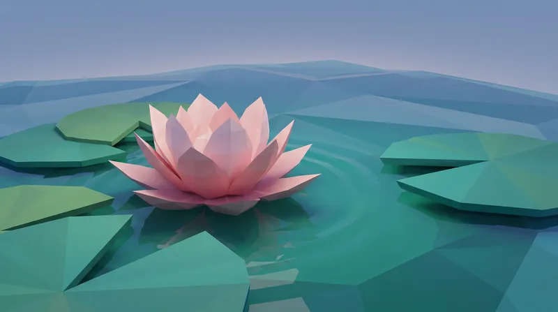Цветок лотоса в стиле low poly на безмятежном пруду со стилизованной водой и листьями для брендинга в сфере велнеса, спа и медитации