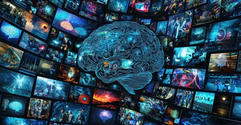 Эта футуристическая цифровая графика мозга демонстрирует яркую технологическую тему, символизируя инновации, творчество и интеллект на фоне привлекательного синего фона