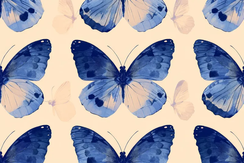 Узор с голубыми бабочками на светло-бежевом фоне и словом "Butterflies"
