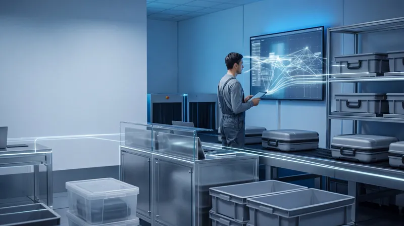 Техник просматривает данные досмотра багажа в тихой комнате безопасности аэропорта со светящимися интерфейсами, запечатанными лотками и холодным синим освещением