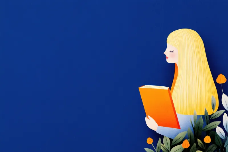 Эта красочная иллюстрация изображает молодую женщину с blond-волосами, погруженную в чтение в окружении цветущих цветов