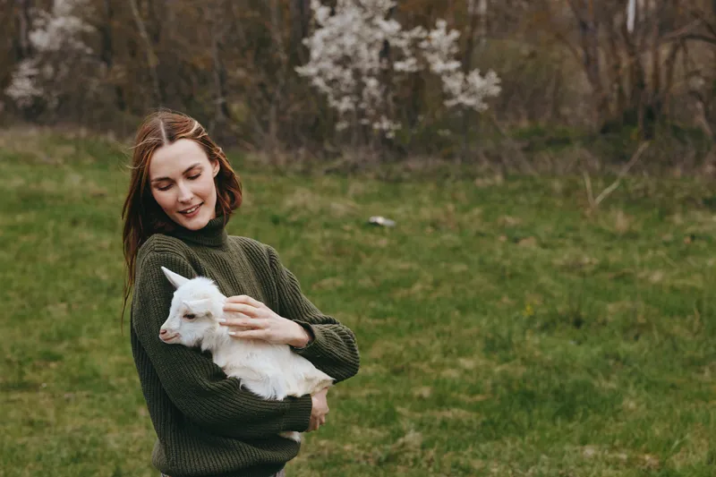 Gentle woman in a dark green sweater holds a white goat kid in a sunlit field, smiling softly, conveying calm rural lifestyle and close animal bond with open meadow behind, gentle breeze