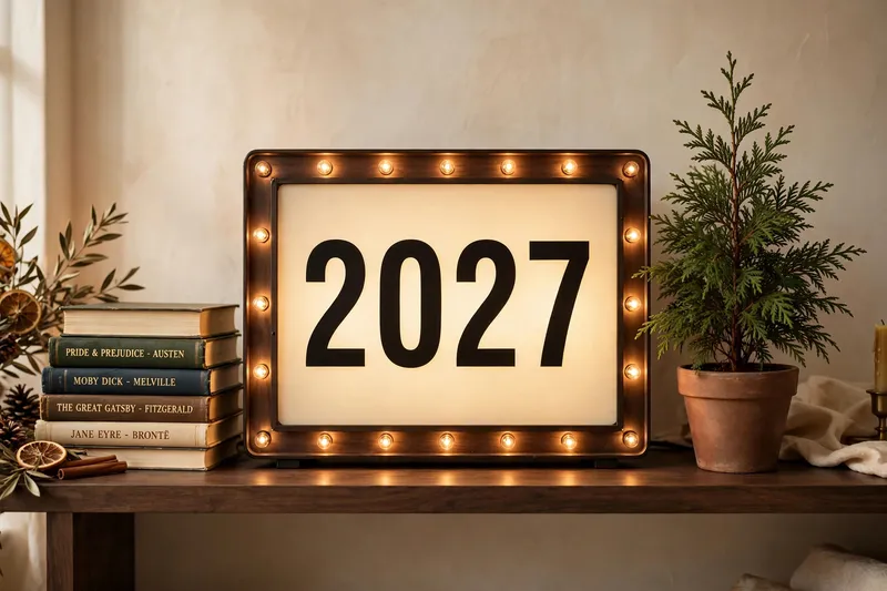 Светящееся табло с числом 2027 на деревянной полке среди книг и растений