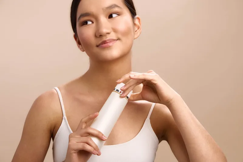 asian woman applies skincare from a white bottle in a clean, minimal bathroom setting, exuding calm confidence and a healthy glow as she cares for her complexion.