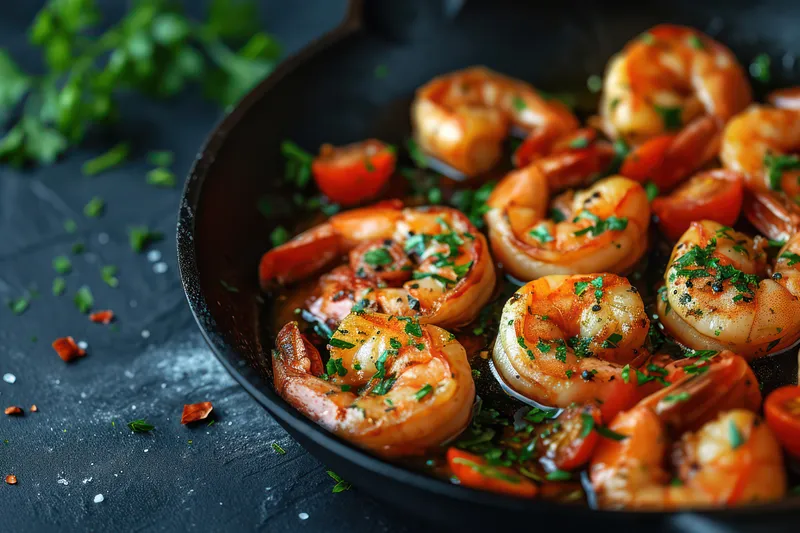 Вкусная закуска из морепродуктов: креветки с чесноком на гриле на тарелке со свежей петрушкой, средиземноморская кухня