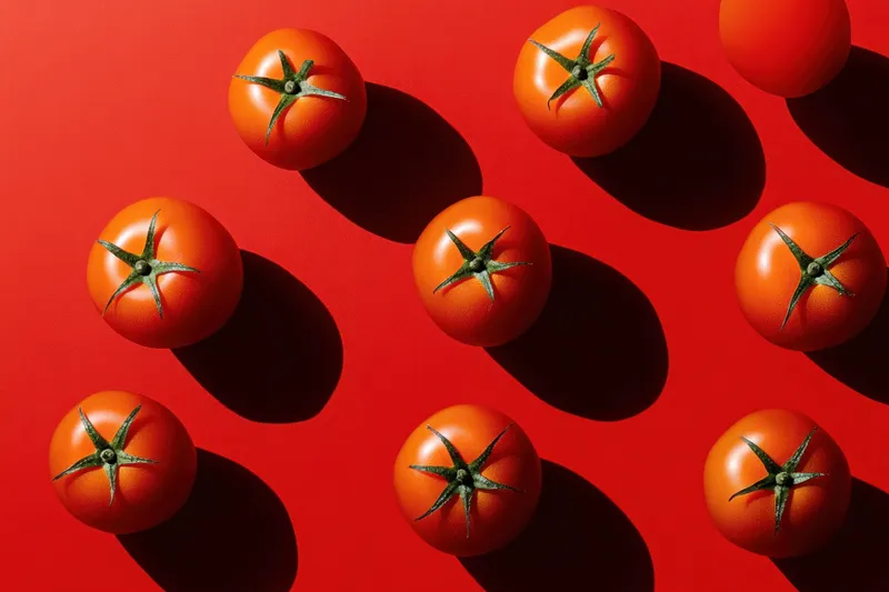 Студийный натюрморт с яркими продуктами на выразительном красном фоне создает смелый контраст, динамичную композицию, теплую атмосферу и аппетитное настроение, подходящее для кулинарных кампаний
