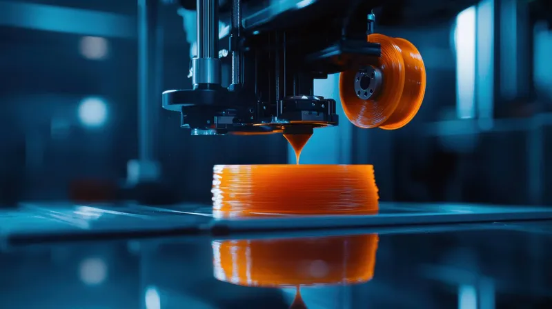 Передовой 3D-принтер создает яркий оранжевый дизайн в современной студийной обстановке, подчеркивая слияние технологий и искусства в производственных процессах