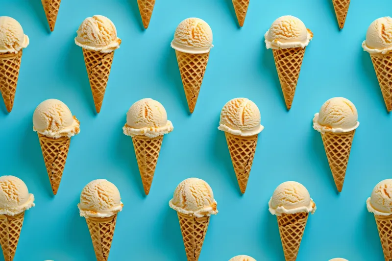 Разноцветные рожки мороженого, выложенные узором, с текстом «Ice Cream» на синем фоне