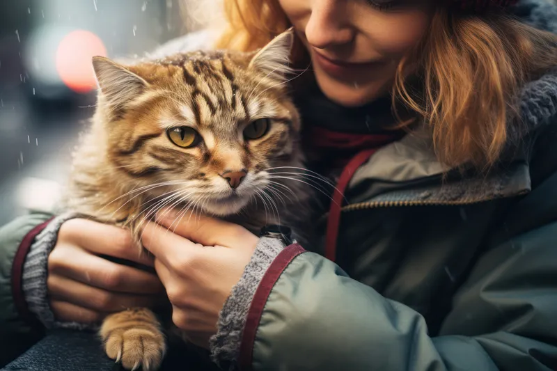 Кошачья дружба: прекрасная белая кошечка, которую обнимает счастливая женщина с каштановыми волосами в уютном доме