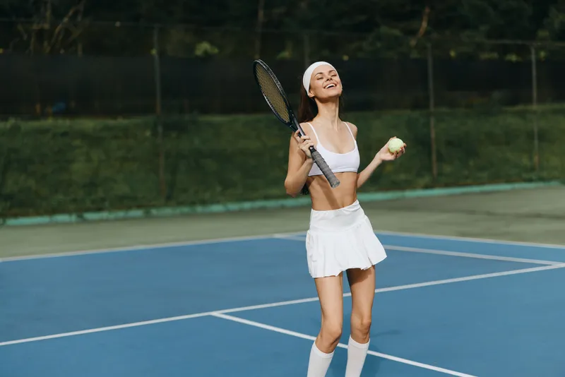 Happy young female tennis player celebrating a successful shot on the court, dressed in a white sports outfit, with a joyful expression, on a sunny day