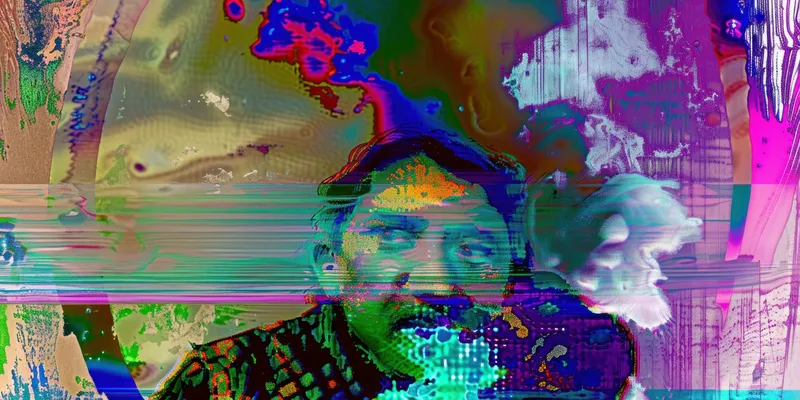 Сюрреалистическое произведение искусства, изображающее фрагментированную человеческую фигуру в окружении взрыва цветов и текстур, создающее захватывающее визуальное впечатление