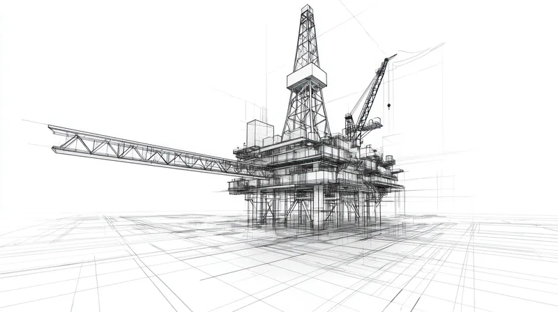 Эта монохромная каркасная иллюстрация изображает морскую нефтяную буровую установку, подчеркивая современную инженерию, промышленный дизайн и технологические инновации, что идеально подходит для тем…