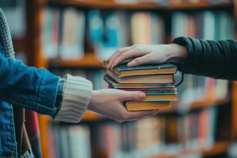 Руки держат стопку книг на фоне книжного стеллажа, а на заднем плане видна библиотека