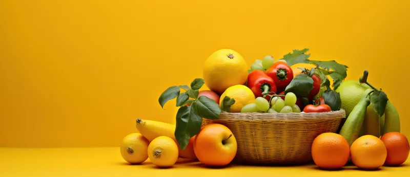 Вкусный ассорти из смешанных фруктов на деревянном столе в деревенском стиле на ярком фоне