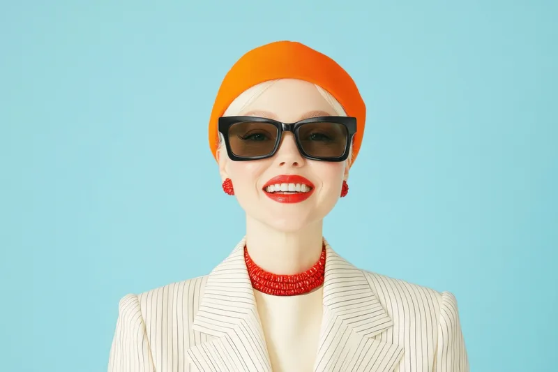 Яркая и жизнерадостная молодая женщина с короткими светлыми волосами, в оранжевых аксессуарах и солнцезащитных очках, излучающая уверенность в модном наряде на голубом фоне, олицетворяющая…