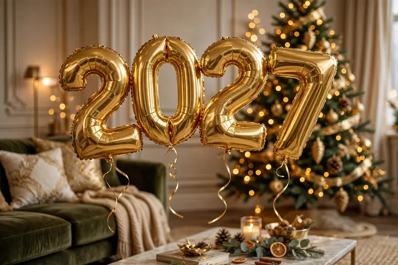 Золотые шары 2027 в уютной гостиной с новогодней ёлкой
