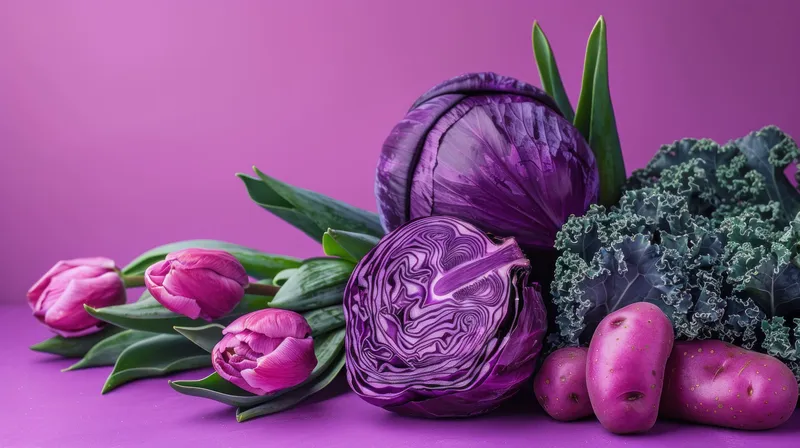 Выразительная композиция с фиолетовой капустой, розовыми тюльпанами, листовой капустой и картофелем на ярком фиолетовом фоне