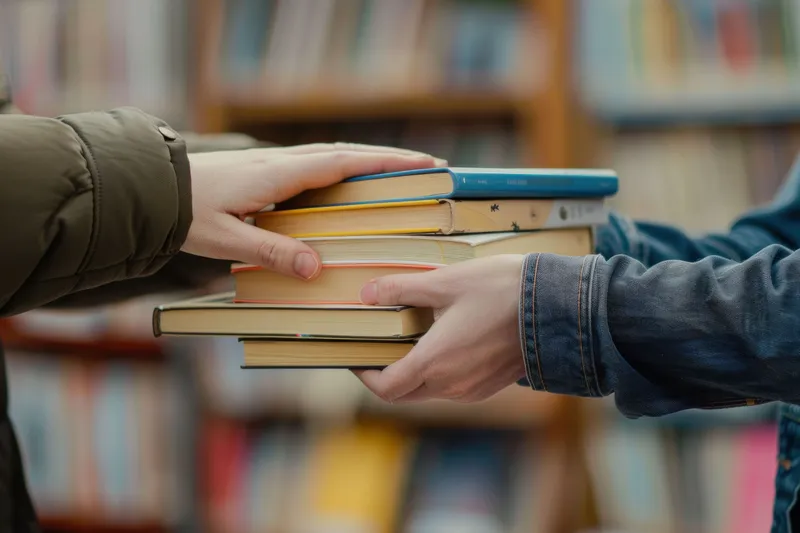 Руки держат стопку книг на фоне библиотечного стеллажа