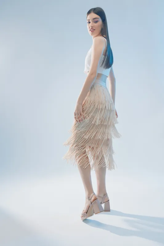Young woman in a stylish fashion outfit poses in a studio with soft lighting. She wears a fringed skirt and high heels, showcasing beauty and elegance. Concept for woman beauty fashion.