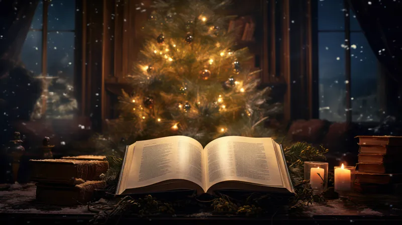 Винтажная новогодняя композиция в комнате: на столе стоит книга, рядом — еловая ветка и гирлянда
